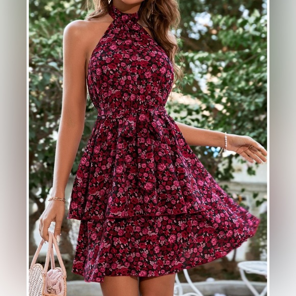 Dresses & Skirts - Rose Floral Print Layered Ruffle Hem Belted Halter Dress